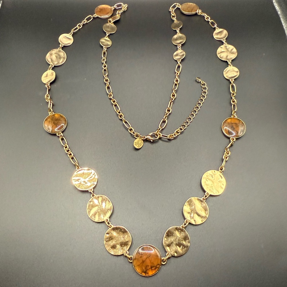Sara Bella Station Long Necklace Brown and Gold Tone Hammered Discs